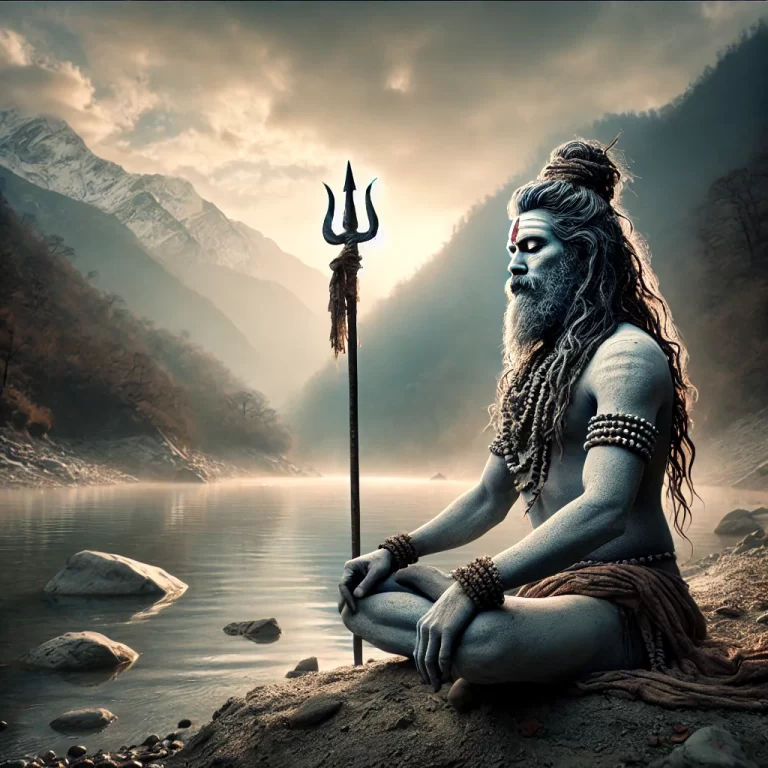 A realistic and detailed depiction of a Naga Sadhu, a Hindu ascetic, meditating by a serene Himalayan riverbank. The Sadhu is smeared with ash